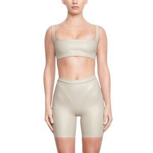 Skims Faux Leather Biker Shorts Pull On Short Shell Beige Size XXS NEW